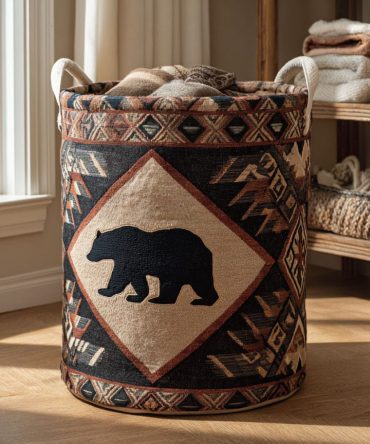 Bear Spirit Quilted Laundry Hamper – Nature-Inspired Fabric Laundry Basket, Padded Quilting, Portable & Foldable For Cabin Decor