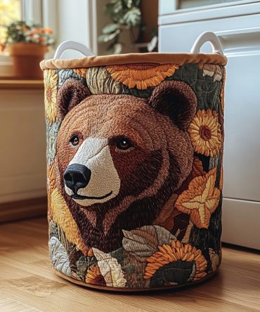 Bear Stream Quilted Laundry Hamper - Large Collapsible Storage Basket With Handles, Gentle Bear & Stream Motif For Cozy Organization