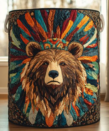 Bear Symbol Quilted Laundry Hamper - Foldable Fabric Laundry Basket With Durable Handles, Removable Liner & Reinforced Base For Daily Storage