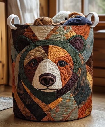 Bear Tracks Quilted Laundry Hamper – Woodland Bear Design, Heavy-Duty Quilted Fabric Basket, Foldable Storage For Nursery Or Cabin