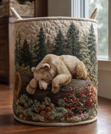 Bear Valley Quilted Laundry Hamper — Rustic Bear Print Foldable Laundry Basket With Handles For Cabin, Bedroom & Nursery