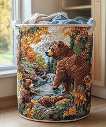 Bear Valley Quilted Laundry Basket - Large Foldable Fabric Hamper With Handles, Scenic Bear Valley Design For Stylish, Practical Storage