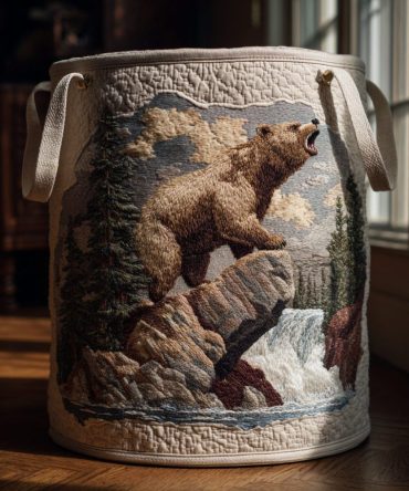 Bear Whisper Quilted Laundry Hamper – Rustic Bear Print Foldable Laundry Basket For Cabin, Nursery & Living Room