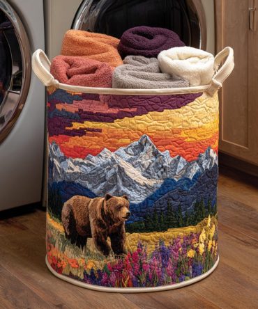 Bear Wildflower Quilted Hamper – Large Collapsible Laundry Basket, Durable Washable Fabric, Decorative Nursery & Bedroom Storage