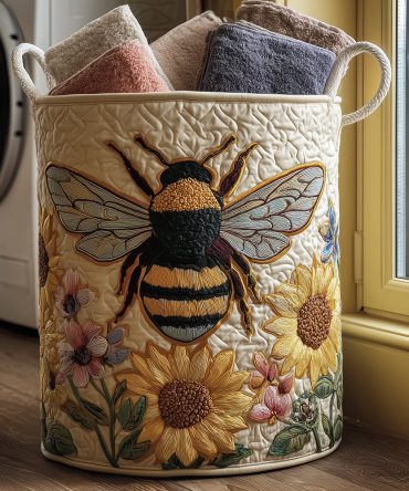 Bee Blossom Quilted Laundry Hamper — Floral Bee Pattern Decorative Basket For Bedroom, Nursery, Laundry & Spring Home Decor — Spacious & Foldable