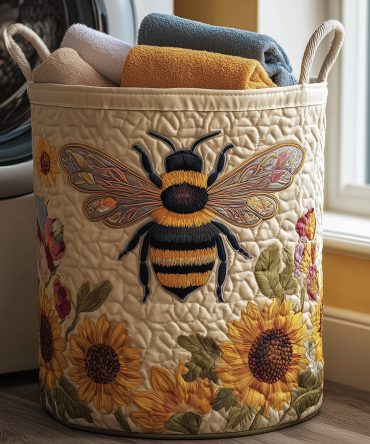 Bee Cozy Quilted Laundry Hamper – Charming Bee Pattern Fabric Basket, Collapsible & Durable With Reinforced Handles For Daily Use