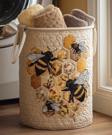 Bee Garden Quilted Laundry Hamper – Bee & Blossom Decorative Laundry Basket, Large Foldable Hamper With Handles, Breathable Cotton Blend