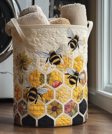 Bee Nest Quilted Foldable Laundry Hamper — Honeycomb Inspired Decorative Basket With Durable Fabric And Easy Carry Handles