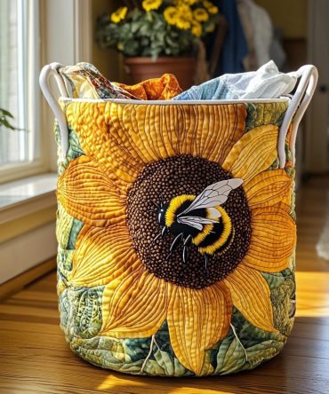 Bright Bee & Sunflower Quilted Laundry Basket — Foldaway Decorative Storage Hamper With Handles For Playroom, Nursery & Closet