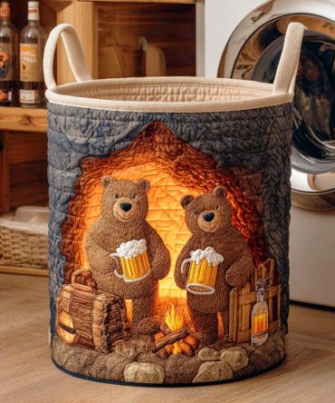 Bear & Brew Quilted Laundry Hamper — Fun Beer Bear Fabric Storage Bin, Large Collapsible Clothes & Bar-Themed Decorative Basket With Handles