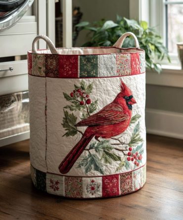 Berry Cardinal Quilted Fabric Laundry Hamper - Elegant Foldable Laundry Basket With Handles For Bedroom, Closet & Gift