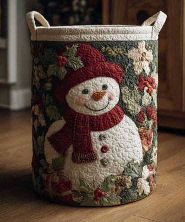 Berry Snowman Wreath Quilted Laundry Hamper – Festive Foldable Laundry Basket For Holiday Storage & Gifts