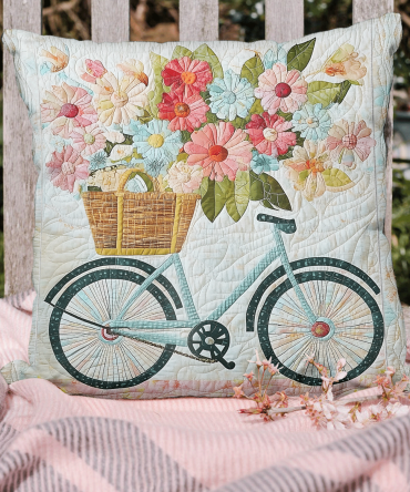 Bike Blooms Art Quilted Pillow Cover — Whimsical Bicycle And Floral Decorative Throw Pillowcase, Textured Cotton-Blend, Easy-Care Accent