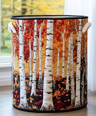 Birch Leaves Quilted Laundry Hamper — Elegant Leaf Pattern Storage Basket, Soft Quilting, Collapsible & Easy To Carry