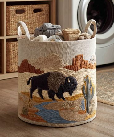 Desert Bison Quilted Laundry Hamper — Large Foldable Fabric Basket With Sturdy Handles For Rustic Southwestern Home Storage