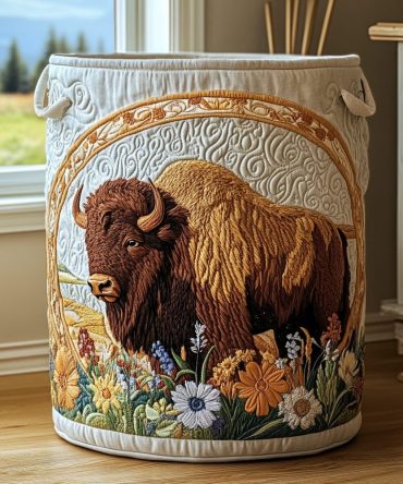 Bison Horizon Quilted Laundry Hamper — Large Rustic Animal-Print Laundry Basket With Handles, Foldable, Sturdy Base For Home