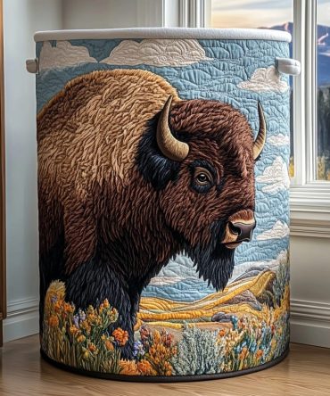 Bison Land Quilted Laundry Hamper - Sturdy Quilted Fabric Laundry Basket For Rustic Home Decor, Collapsible Organizer With Carry Handles