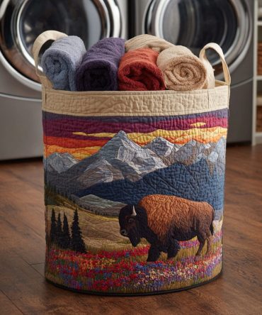 Bison Mountain Bloom Quilted Laundry Hamper — Floral & Wildlife Accent Storage Basket, Foldable Laundry Hamper With Comfortable Handles