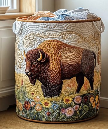 Bison Path Quilted Hamper - Rustic Collapsible Laundry Basket & Fabric Storage Bin For Lodge, Cabin Or Modern Home