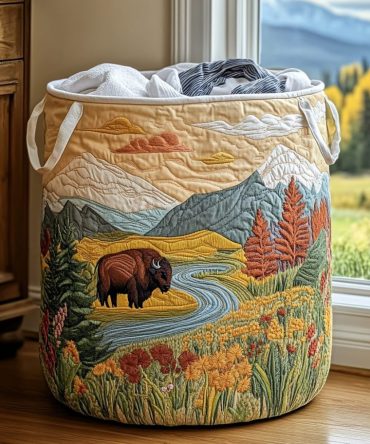 Bison Spirit Quilted Laundry Hamper — Rustic Bison Design Foldable Laundry Basket, Heavy-Duty Fabric Storage For Cabin & Living Spaces