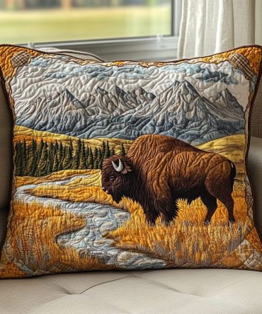 Bison Trail Quilted Accent Pillow Cover — Western-Inspired Bison Motif, Durable Decorative Throw Pillowcase For Cabin & Lodge Interiors
