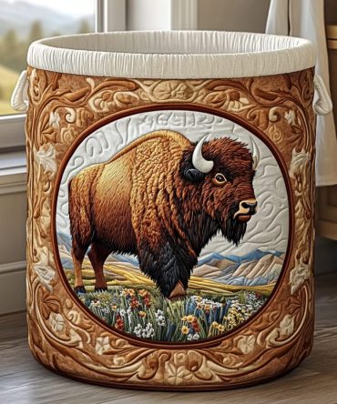 Bison Valley Quilted Laundry Basket - Rustic Quilted Fabric Hamper With Durable Handles, Large Foldable Organizer For Cabin Or Lodge Décor