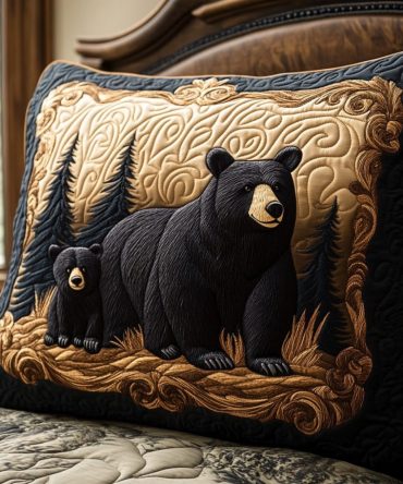 Black Bear Charm Quilted Pillow Cover — Rustic Woodland Throw Pillow Case, Cozy Cotton Blend Decorative Accent For Cabin & Nursery