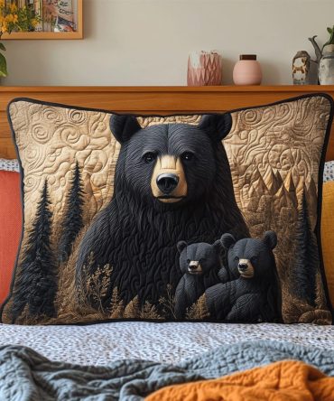 Black Bear Family Quilted Pillow Sham — Rustic Lodge Decorative Pillowcase, Durable Cotton-Blend, Hypoallergenic, Machine Washable Accent Cover