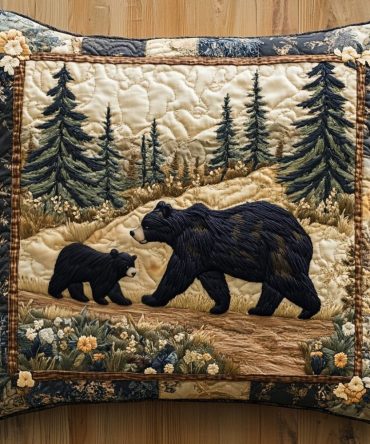 Black Bear Family Quilted Pillow Cover - Rustic Wildlife Throw Pillowcase, Cozy Cabin Accent, Durable Cotton-Blend, Machine Washable