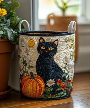 Black Cat Meadow Quilted Laundry Hamper - Stylish Padded Fabric Laundry Basket With Handles, Large Decorative Organizer For Cat Lovers