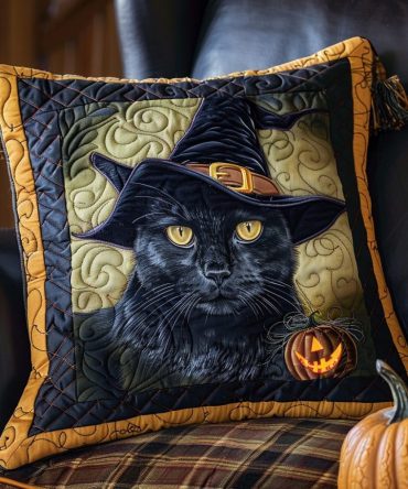 Witchy Black Cat Quilted Throw Pillow Cover — Enchanted Spellbinding Design, Hand-Stitched Accent Sham For Halloween & Boho Rooms