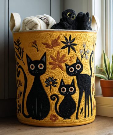 Black Cat Bloom Quilted Fabric Laundry Hamper — Floral Cat Design Foldable Laundry Basket, Decorative Storage Bin With Handles