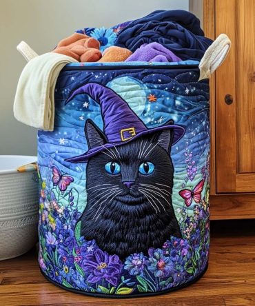 Black Cat Charm Quilted Laundry Hamper - Lucky Cat-Themed Fabric Storage Basket With Handles, Large Foldable Quilted Organizer For Home & Seasonal Decor, Washable