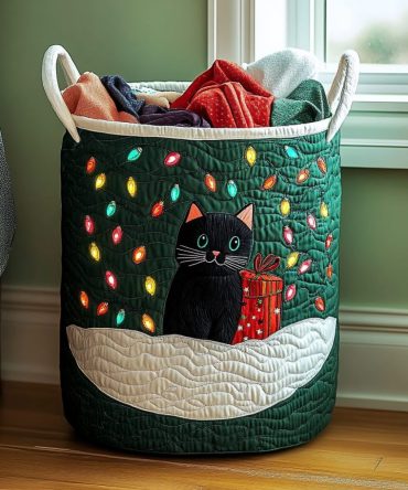 Black Cat Delight Quilted Laundry Hamper — Playful Midnight Cat Fabric Basket, Collapsible Clothes & Toy Storage With Reinforced Handles
