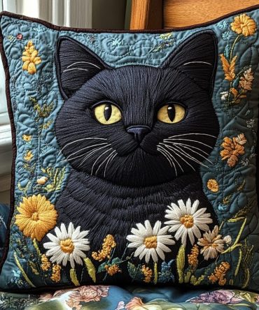 Black Cat Dreams Quilted Decorative Pillow Cover — Cozy Nocturnal Cat Throw Pillowcase, Plush Quilted Texture, Easy-Care Accent