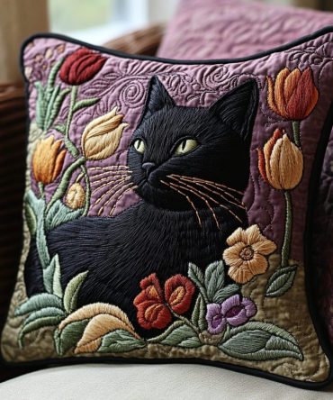 Black Cat Garden Quilted Pillow Cover — Botanical Cat Illustration Decorative Cushion For Sofa, Patio Lounge & Cozy Interior Design