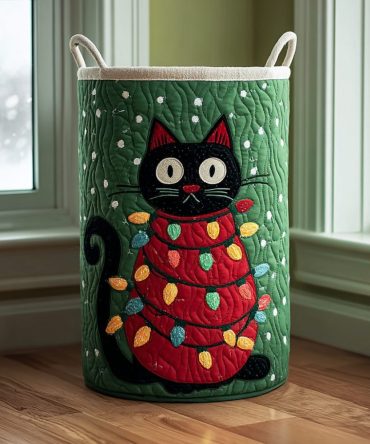 Black Cat Glow Quilted Laundry Hamper – Modern Collapsible Fabric Basket With Contrast Piping, Lightweight & Washable