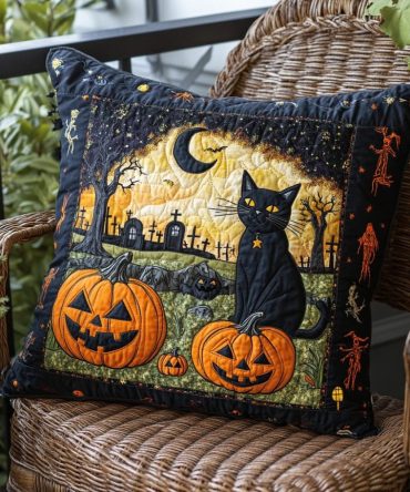 Classic Black Cat Halloween Quilted Pillow Cover — Timeless Spooky Accent For Sofa, Bed & Seasonal Displays, Soft Quilting, Easy Care