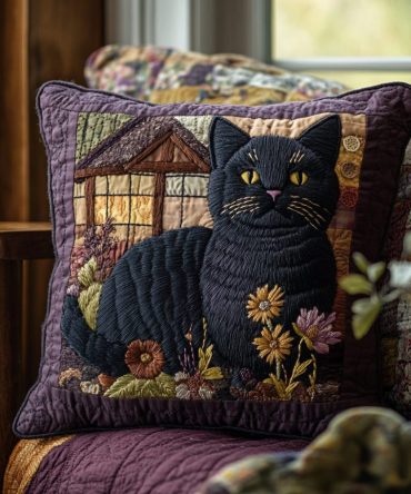 Black Cat Haze Quilted Pillow Cover — Moody Artful Cat Design Decorative Throw Case For Cozy Corners, Urban Chic & Eclectic Rooms