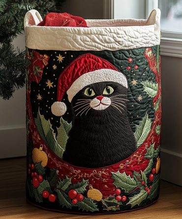 Black Cat Quilted Laundry Hamper – Charming Cat Print Fabric Basket, Foldable Pet-Friendly Clothes Organizer With Reinforced Base & Handles