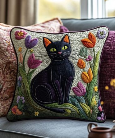Elegant Black Cat Lilies Quilted Pillow Cover — Floral Cat Design Decorative Throw Pillow Case For Bedroom, Sofa & Chic Home Styling