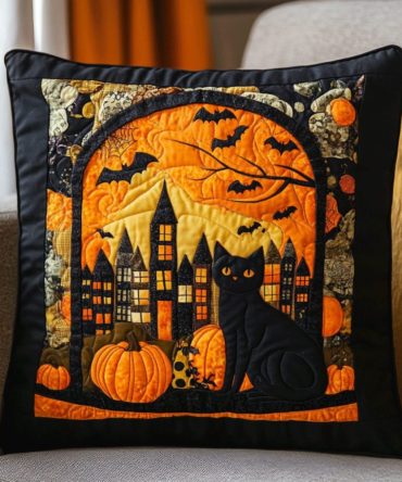 Black Cat Magic Quilted Throw Pillow Cover — Mystical Halloween Accent For Sofa & Porch, Textured Quilt Finish, Durable, Easy Care