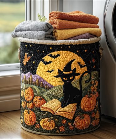 Black Cat Magic Quilted Hamper — Premium Foldaway Laundry Basket With Sleek Black Cat Design, Reinforced Handles & Sturdy Base