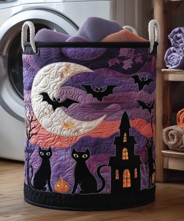 Black Cat Magic Quilted Laundry Hamper — Cute Cat-Print Foldable Laundry Basket, Decorative Storage For Bedroom & Bath