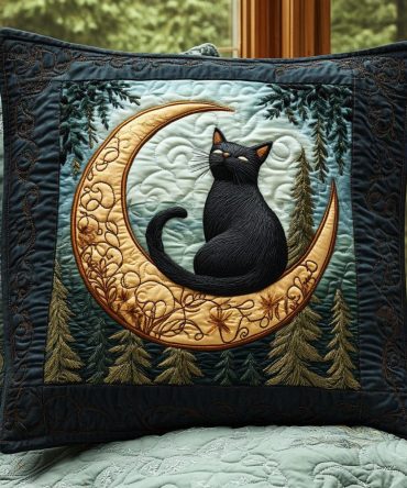 Black Cat Magic Quilted Decorative Pillow Cover — Playful Gothic Cat Throw Pillowcase, Soft Quilted Texture, Machine Washable Accent