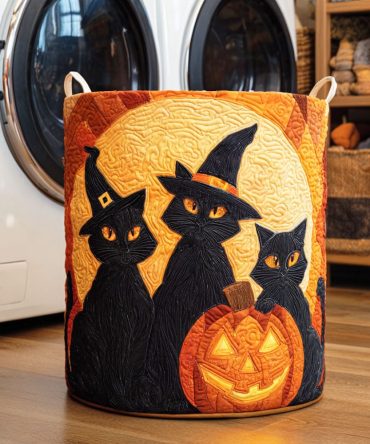 Black Cat Moon Quilted Laundry Hamper — Gothic Chic Fabric Basket With Moon Motif, Collapsible Laundry Storage For Stylish Homes