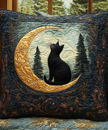 Mystic Black Cat & Moon Quilted Pillow Cover — Celestial Cat Motif Decorative Throw Case For Boho, Gothic Or Modern Bedroom Decor