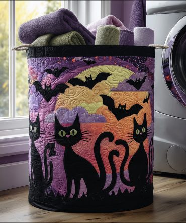 Black Cat Night Quilted Laundry Hamper - Stylish Halloween Black Cat Design, Foldable Quilted Storage Basket With Handles