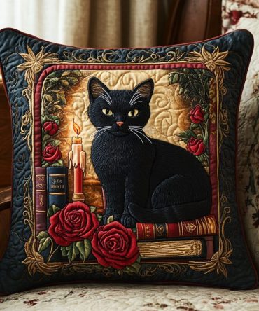 Black Cat Nights Quilted Decorative Pillow Cover — Midnight Cat Throw Pillowcase, Textured Quilting, Durable & Machine Washable Accent