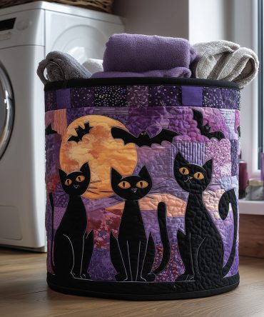 Enchanted Black Cat Spell Quilted Laundry Hamper — Foldable Decorative Laundry Storage Bin, Stylish Cat Accent For Home